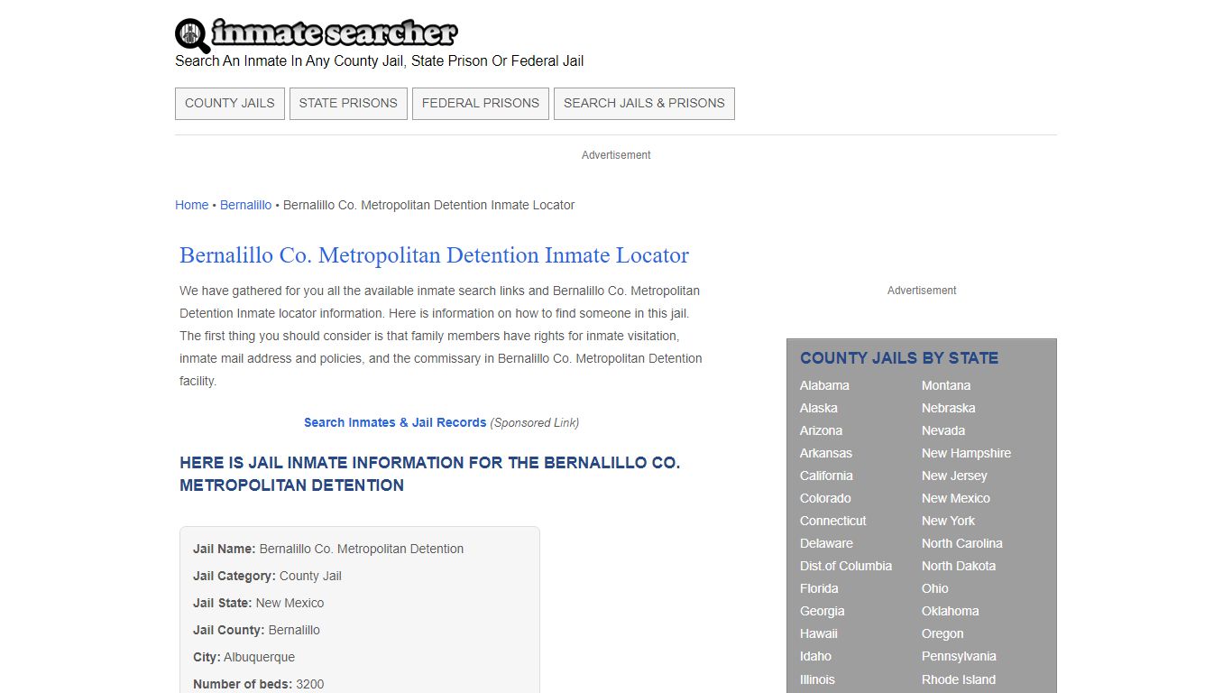 Bernalillo Co. Metropolitan Detention Inmate Locator - Inmate Searcher